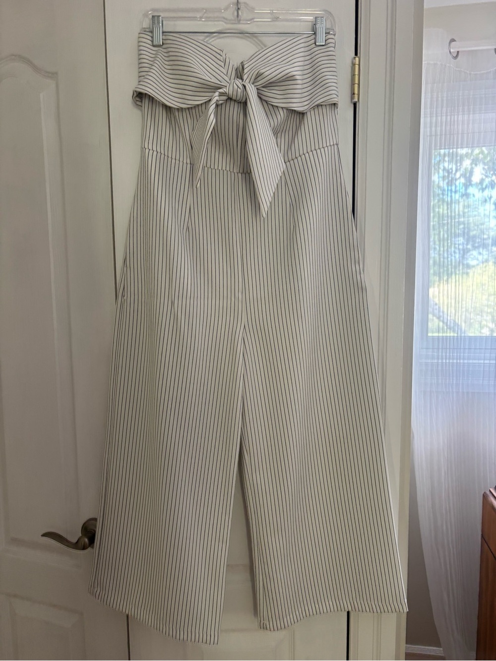 Blush Cream Wide-Leg Pinstripe Jumpsuit with Tie-Waist